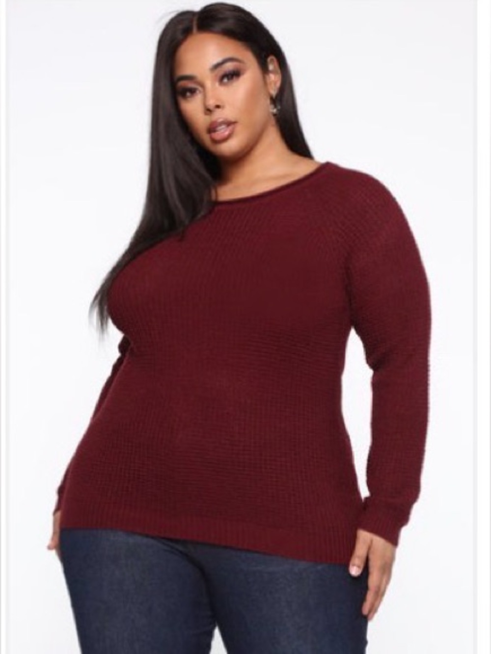 Fashion Nova Waffle Knit Crewneck Sweater in Wine